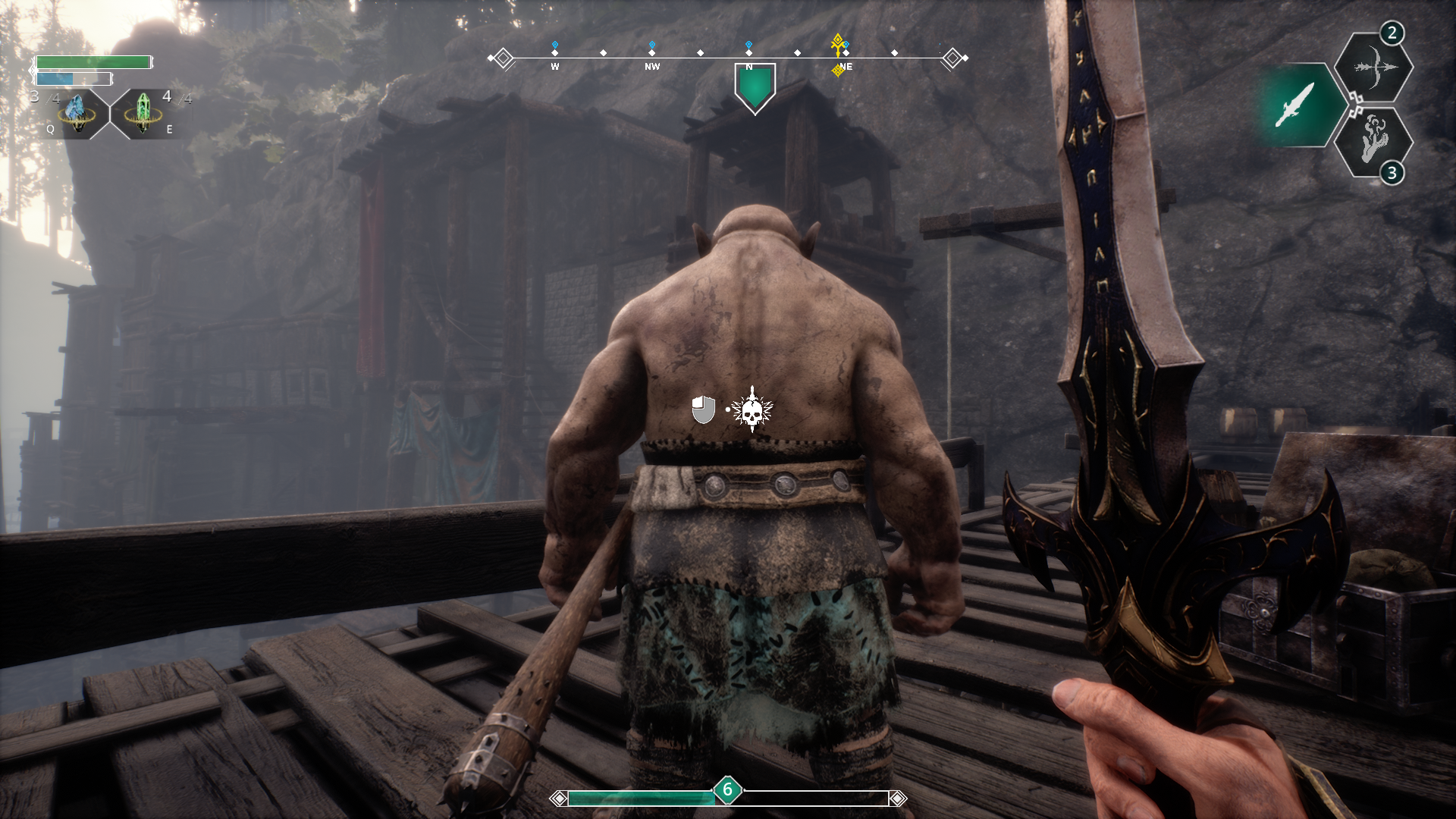 First-person melee combat against an armored enemy